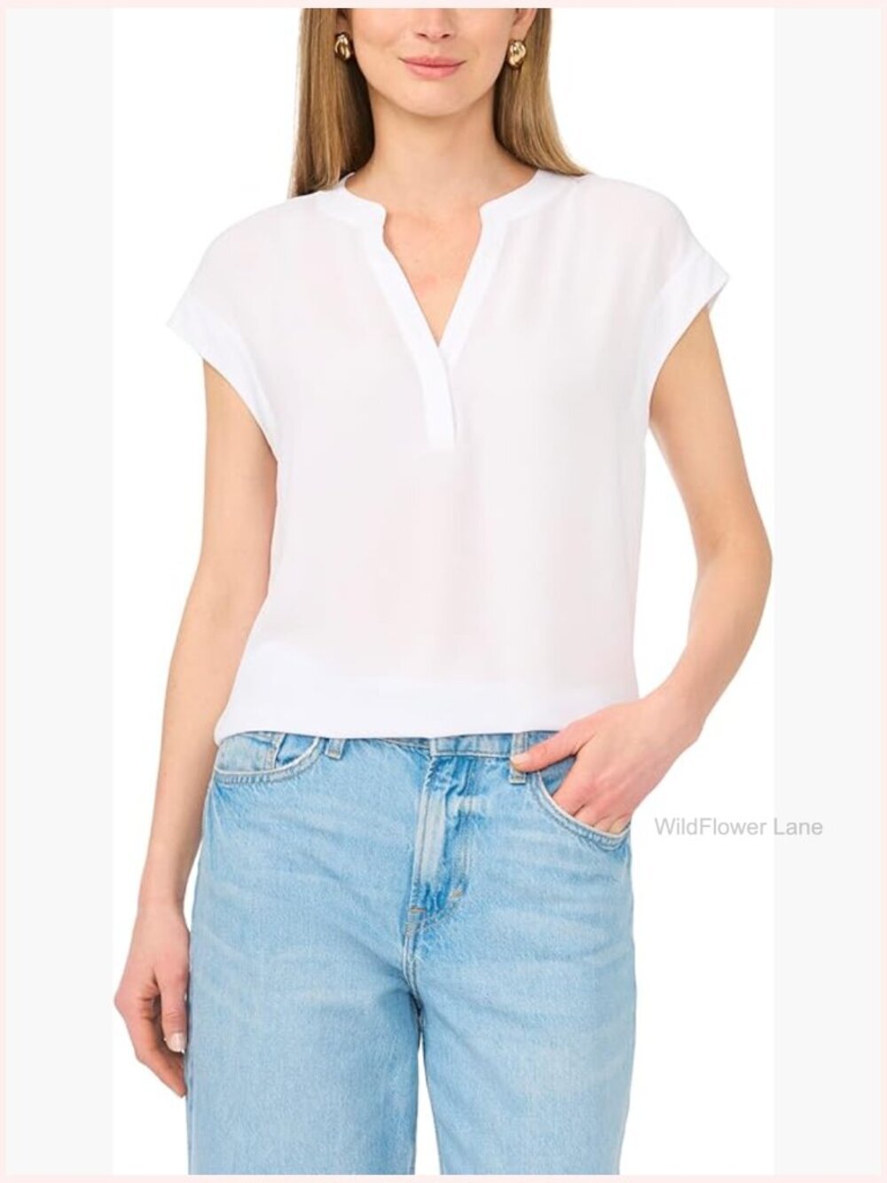 Front Placket V-Neck Blouse - Lightweight Polyester, Lined, Solid